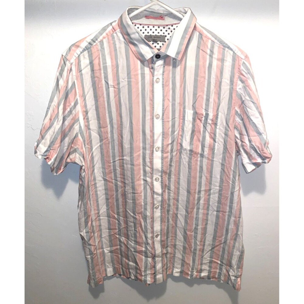 Ted Baker White Rainbow Stripe Short Sleeve Button Up Shirt Men Size 5 XL